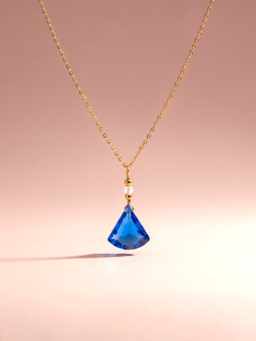 Pretty Lab Blue Sapphire Fan Shaped Necklace, September Birthstone